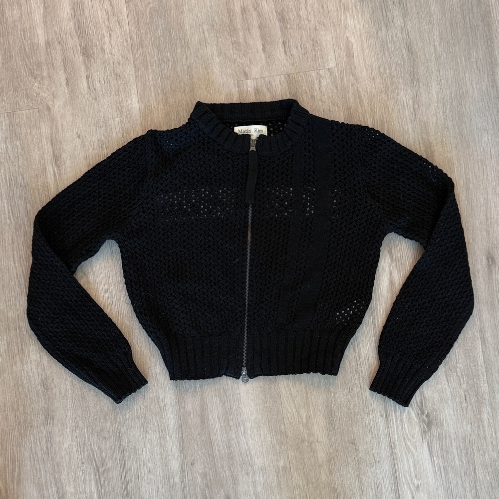 Matin Kim Black Knit Zip Up Logo Cropped Sweater Womens